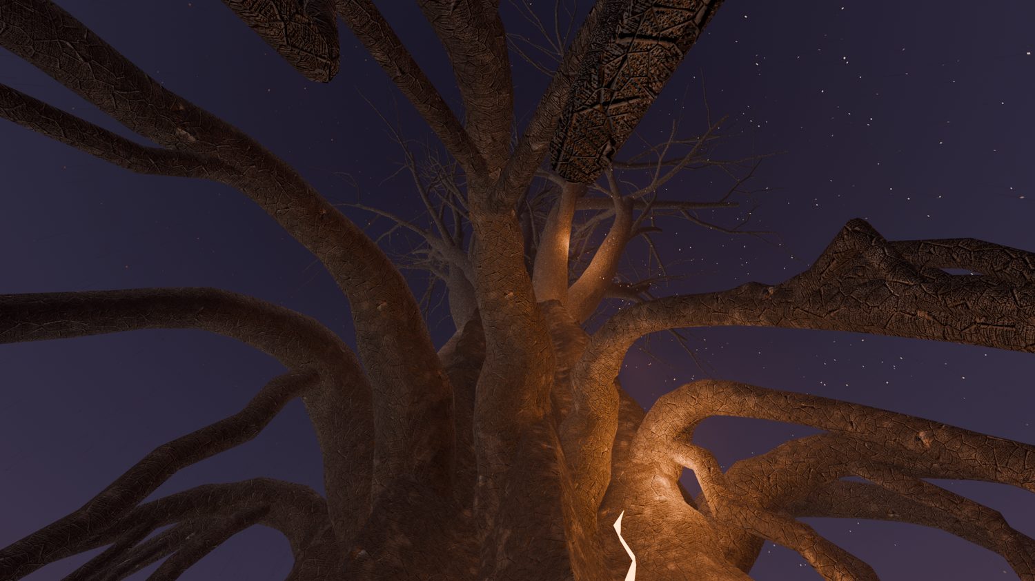 The Heartwood — a 168-metre tree lit from below at night